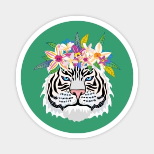 White Tiger with Exotic Flowers Magnet